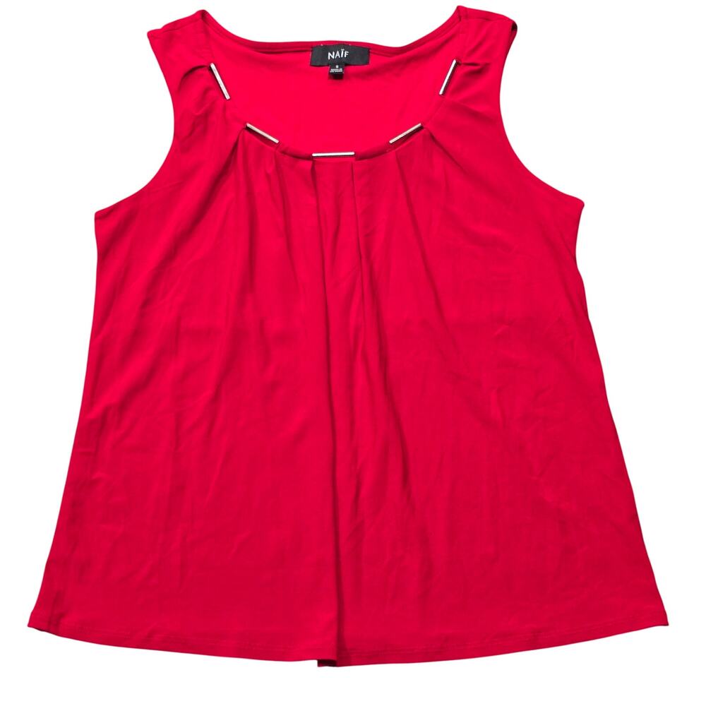 Naif Vibrant Red Silver Bar Accented Pleated Neckline Sleeveless Blouse